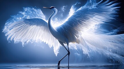 Naklejka premium Majestic white crane with ethereal glowing wings standing in rippling water, mystical blue light.