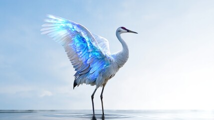 Naklejka premium Majestic white crane with glowing blue wings standing in calm water under a bright sky