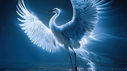 Naklejka premium Majestic white egret bird with glowing ethereal wings in a mystical blue water setting