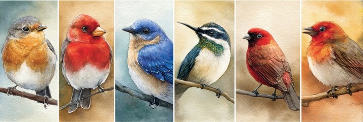 Obraz premium Collection of Six Bird Watercolor Illustrations Featuring Robin, Blue Jay, Cardinal, Swallow, Finch, and Hummingbird in a Grid Layout