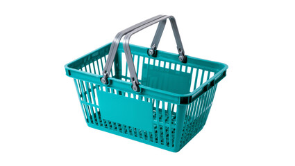 Fototapeta premium Isolated empty turquoise plastic shopping basket with raised gray handles for carrying goods.