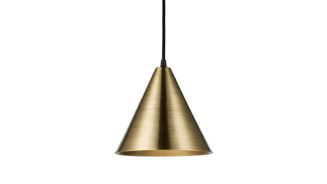 Isolated elegant modern golden brass conical pendant lamp with stylish brushed metallic finish