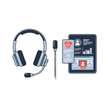 Professional telehealth appointment concept featuring a headset and digital tablet with medical charts and video call interface for remote patient care.
