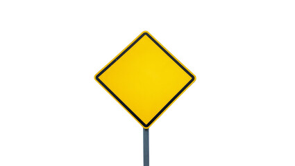 Isolated blank yellow diamond shaped road sign on a grey pole, empty caution symbol. © Iura