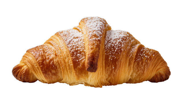 Isolated fresh golden croissant dusted with powdered sugar, delicious breakfast pastry