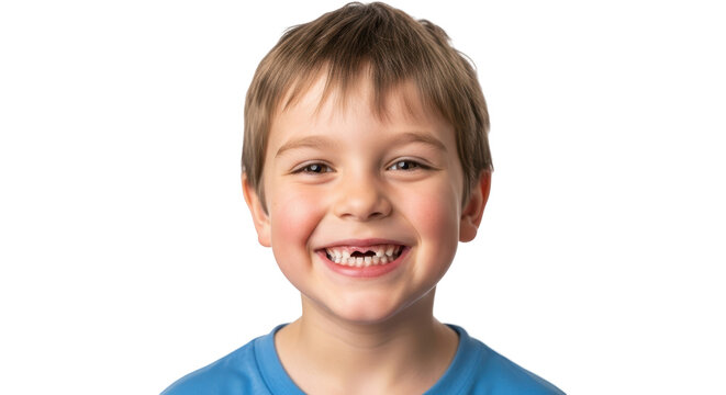 Joyful Young Boy Smiling with Missing Front Teeth in Bright Shirt