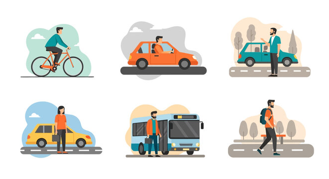 People using various modes of transportation in a modern urban setting.