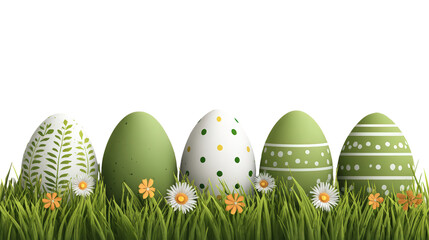 Fototapeta premium Green and white easter eggs with decorative patterns in fresh green grass with small flowers on transparent background.