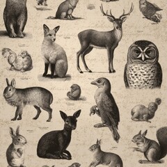 Fototapeta premium Seamless Vintage Animal Pattern Featuring Fox Rabbit Owl Deer and Squirrel Designs on Aged Cream Background in Naturalist Style