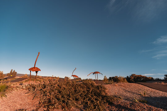Three scrap metal emu statues standing tall against clear blue sky at pump track in rural Australia