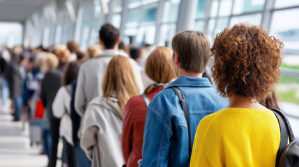 Obraz premium Crowd of diverse people waiting in an airport terminal, travel and transit lifestyle concept, defocused background, with copy space