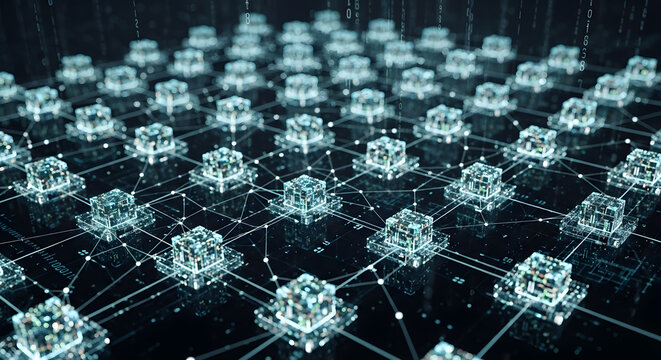 3d render of glowing data servers in network with connections and binary code on dark background.