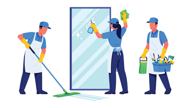 Clean Team at Work: A professional cleaning team diligently works, embodying efficiency and meticulousness, while striving for a spotless environment. 