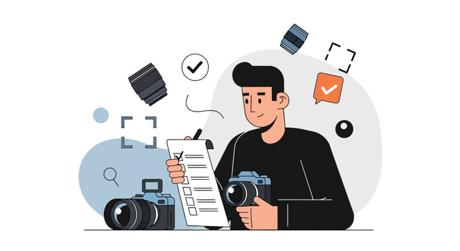 Photographer checking equipment list and holding camera, surrounded by lenses and accessories.