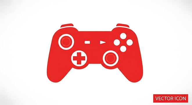 A red video game controller icon on a white background, representing gaming and entertainment.