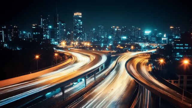Nighttime cityscape with illuminated highways and modern architecture