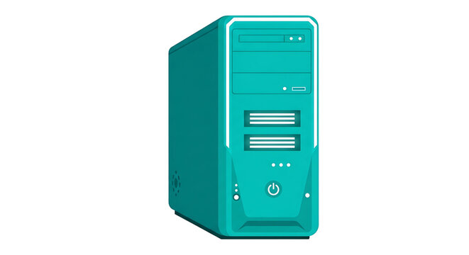 A teal-colored computer tower with a sleek design and various ports on a white background