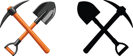 Crossed pickaxe and shovel tools icon set in realistic and black silhouette style for mining construction and gardening concept flat vector © MD siddik