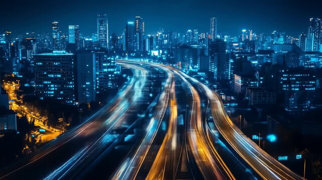 Nighttime cityscape with illuminated highways and skyscrapers