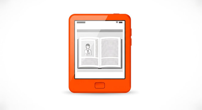 A vibrant orange e-reader displaying an open book on its screen with a clean and modern design