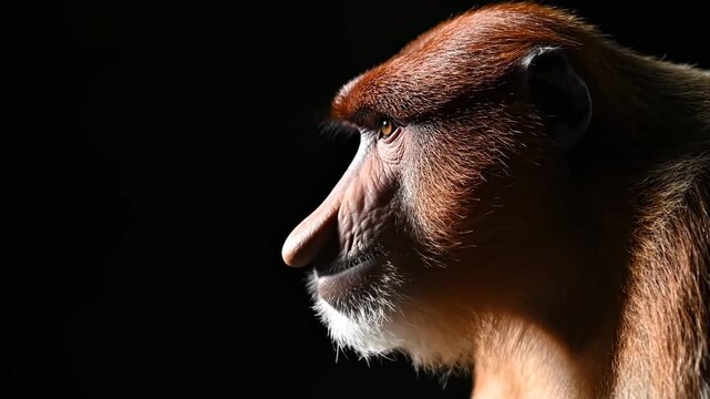 Majestic Proboscis Monkey Profile Close-up of Long-Nosed Primate Against Black Background for Wildlife Documentaries and Nature Conservation.