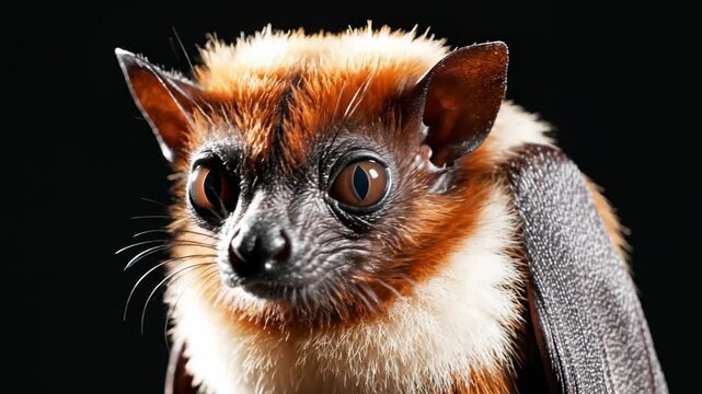 Majestic Fruit Bat Close-up with detailed orange fur and large eyes for wildlife documentary and educational nature content.