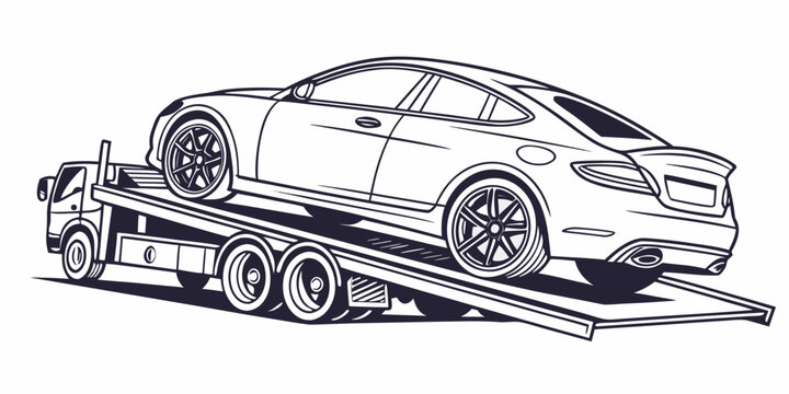 A black and white line art illustration of a car being transported on a flatbed truck, showcasing a vehicle on a trailer.