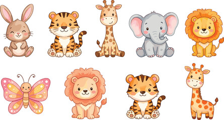 Obraz premium Cute Cartoon Animal Characters Including Bunny, Tiger, Giraffe, Elephant, Lion, and Butterfly for Kids' Illustrations, Educational, and Digital Media Designs