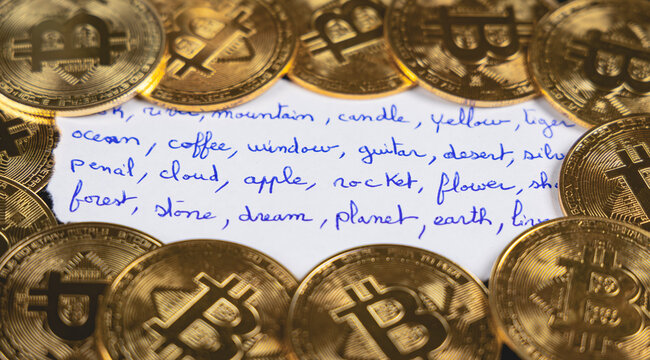 Une personne en train d'&eacute;crire une "seed phrase" de son portefeuille pour prot&eacute;ger sa cryptomonnaie. Autour, des pi&egrave;ces de Bitcoin.