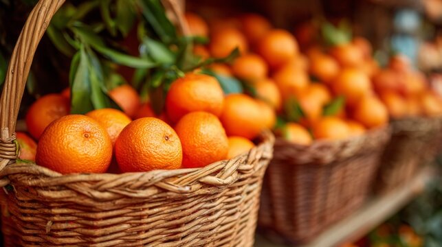 Fresh and Juicy Oranges in Handwoven Baskets at an Outdoor Market Stall
