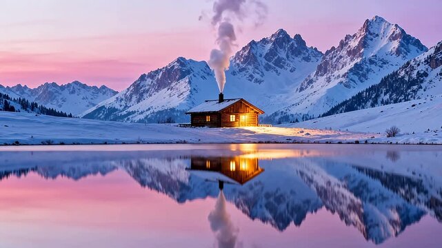 Snowy mountain cabin with lake reflection