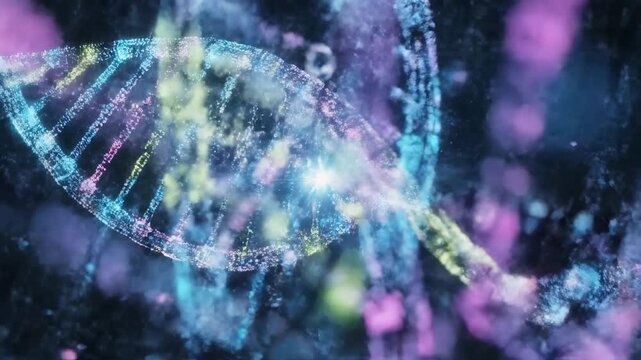Futuristic DNA Helix Animation with Glowing Digital Double Helix Structures for Biotechnology and Medical Research.