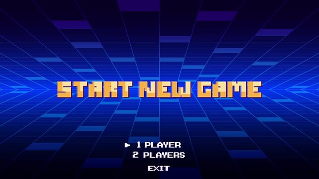 START NEW GAME. Synthwave wireframe net illustration. pixel art 8-bit. Retro Futurism Sci-Fi Background. glowing neon grid. and stars.