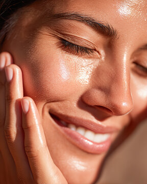 A woman with glowing, radiant skin smiles gently, touching her cheek with her hand, radiating health and natural beauty.