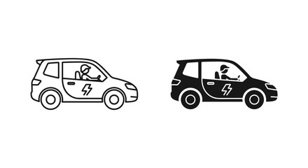 Fototapeta premium Electric car icons with driver, eco friendly vehicle vector set, modern EV transport symbols in line and solid styles for sustainable mobility