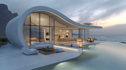 Fototapeta premium Modern Coastal Home with Unique Curved Architecture and Stunning Sea View at Twilight