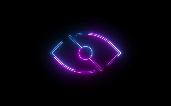 Neon eye off icon glowing black background animation ,Glowing neon Hide eye symbol, sensitive content icon.