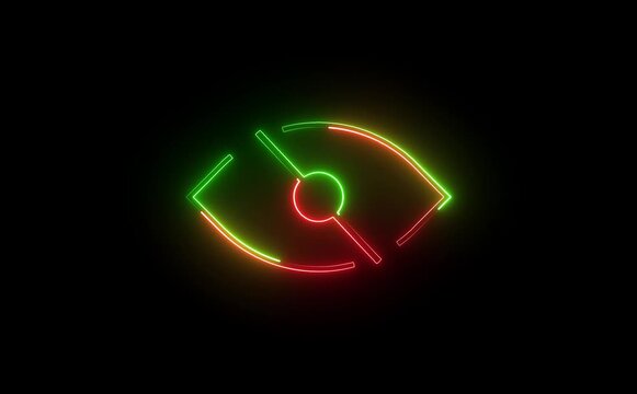 Neon eye off icon glowing black background animation ,Glowing neon Hide eye symbol, sensitive content icon.