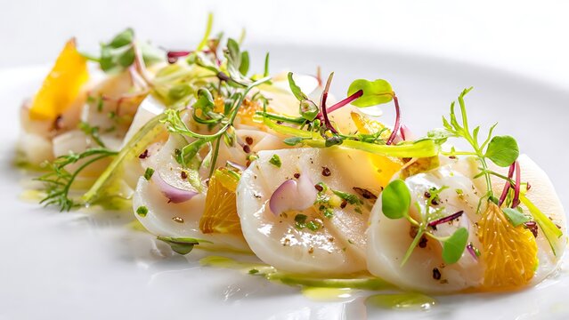 Fresh geoduck ceviche salad with citrus and microgreens on white plate