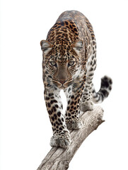 Fototapeta premium leopard climbing dried branch isolated on white, big cat walking forward on tree limb cutout, african leopard with tail on dry branch white background
