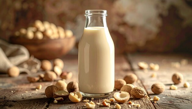 Macadamiamilch in Glasflasche mit rustikaler Macadamia-Szene