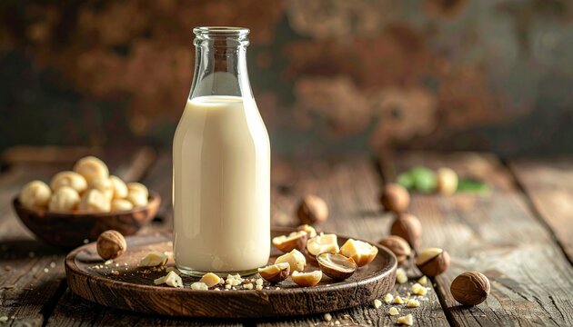 Macadamiamilch in Glasflasche mit rustikaler Macadamia-Szene