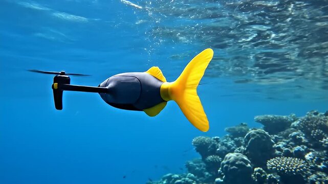 Underwater fish drone swimming near coral reef in blue ocean