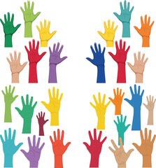 Fototapeta premium Colorful Raised Hands Illustration Set – Diversity, Inclusion and Community Support Concept with Multicolor Human Hands Vector
