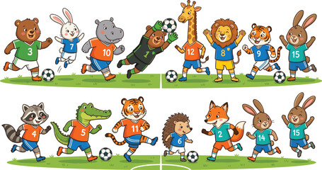 Fototapeta premium Cartoon Animals Playing Soccer, Featuring Bears, Rabbits, Hippos, Tigers, and More in Colorful Uniforms for Kids' Sports Illustrations and Designs