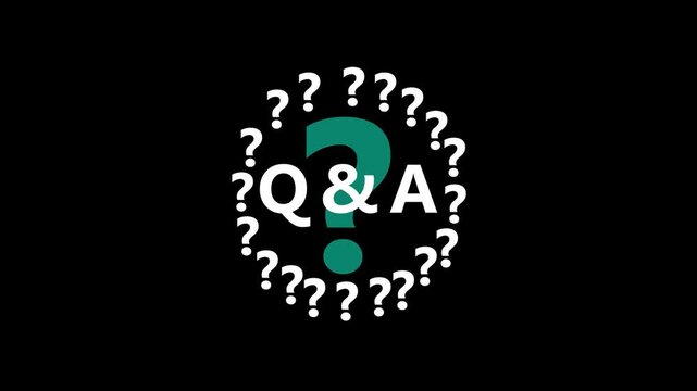 A large teal question mark is centrally positioned surrounded by a cluster of smaller white question marks against a solid black background symbolizing confusion and inquiry