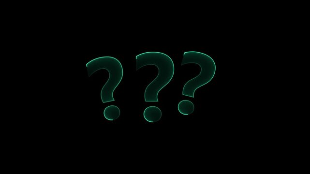 Three glowing teal question marks with a subtle neon outline and a dark background creating a sense of mystery and inquiry