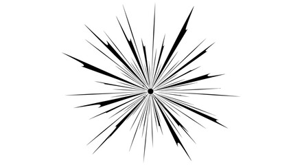 Dynamic black and white starburst explosion with radiating lines from a central point on an isolated white background. © ZAENAL