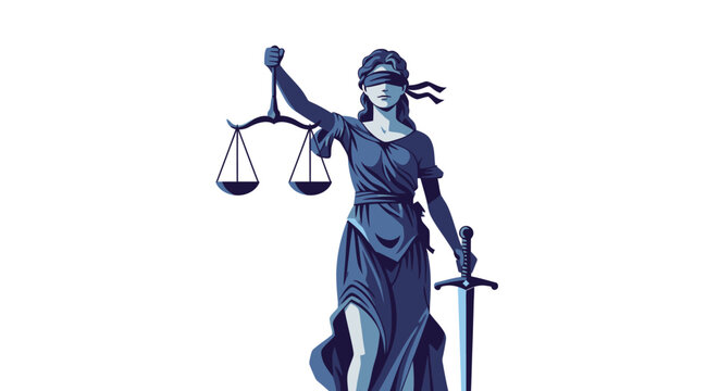 Majestic Lady Justice with Scales and Sword, Blindfolded, on Isolated White Background