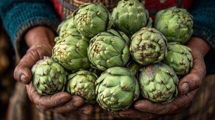 Obraz premium Freshly Harvested Artichokes in Hands of Farmer Displaying Organic Produce with Harvesting Tradition